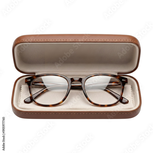 Brown tortoise shell pattern eyeglasses in an open leather case with cleaning cloth, isolated on transparent background
