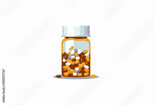 Vibrant Medicine Bottle Filled with a Variety of Colorful Capsules and Pills on a Clean White Background Symbolizing Health and Pharmaceutical Diversity