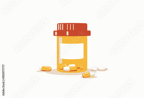 Illustration of a Prescription Bottle with Scattered Capsules and Tablets Representing Healthcare and Medicine Conceptual Themes in Bright Colors