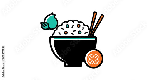 Rice bowl with chopsticks and green decoration