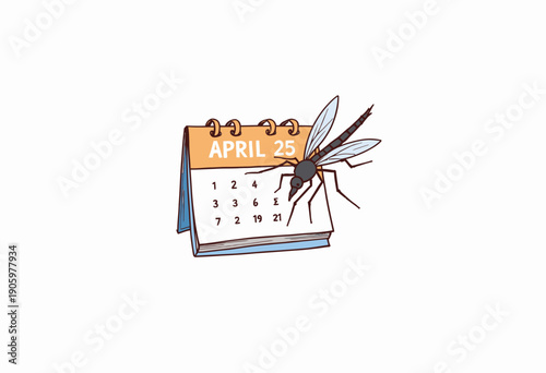 Illustration of a mosquito sitting on a standing calendar marked April 25, symbolizing a specific day associated with insect awareness or health observance