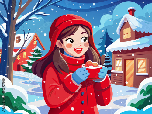 Girl in bright red coat eating snow during snowy winter day. Childish playful moment in cold weather. Outdoor scene. Lifestyle photography with soft light.