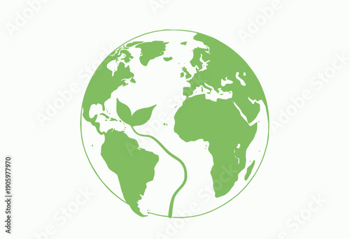 Illustration of a green Earth with continents outlined and a symbolic sprouting plant emphasizing global environmental sustainability and conservation.