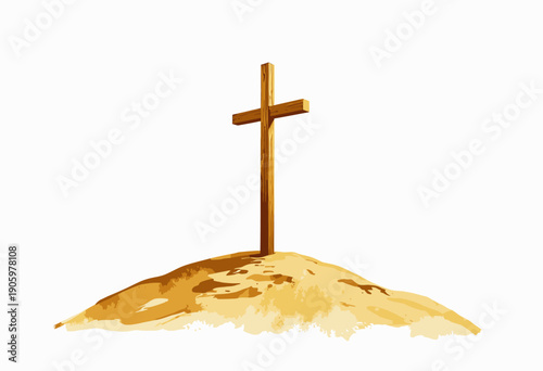 Wooden Cross Standing on a Sandy Hill Symbolizing Faith, Spirituality, and the Journey of Belief Under a Clear Blue Sky