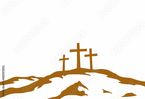 Three Crosses Silhouetted Against a Clear Sky on a Desert Landscape Representing Faith and Spirituality