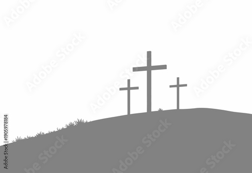 Silhouette of Three Crosses on Hilltop at Dawn Symbolizing Crucifixion Scene with Grassy Knoll Underneath and Eerie Sky Offering Moment of Reflection