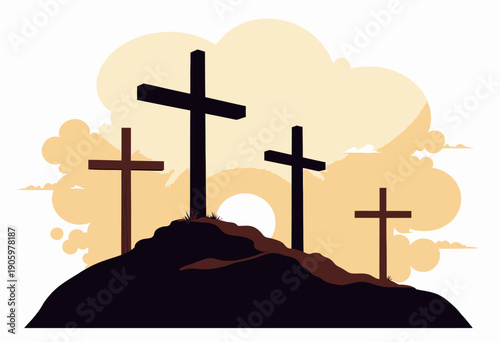 Silhouette of Three Crosses on a Hill Against a Dramatic Sunset Sky with Clouds Evoking a Sense of Peace and Reflection