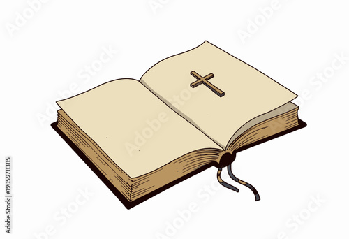 Illustrated Image of an Open Vintage Book with Cross Inscription and Bookmark Ribbons on a Plain White Background
