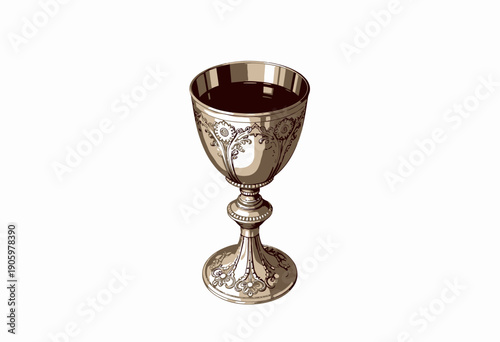 Intricately designed ornate silver chalice with a golden rim filled with deep red wine, showcasing elegant craftsmanship and timeless artistry in a classic goblet form.