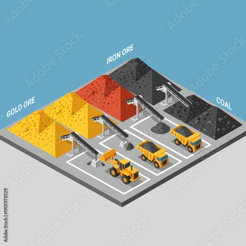 3D Isometric Mining Scene with Trucks and Ore.