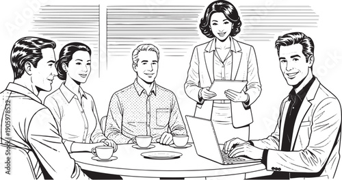 A funny cartoon illustration of a business man and woman sharing a humor gag over food during a busy office meeting