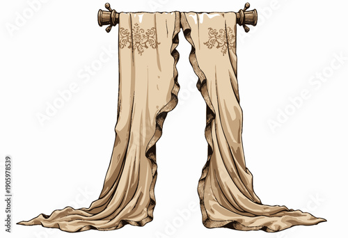 Elegant Beige Curtains with Intricate Embroidery and Flowing Design on Decorative Rod