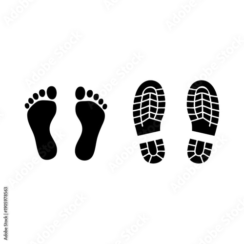 A set of footprints showing different types of shoes and bare feet.