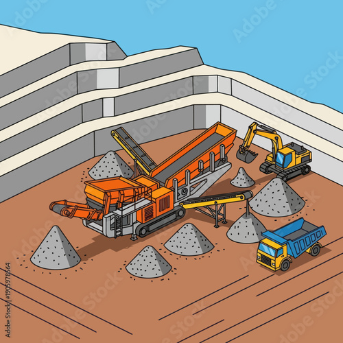 Crushing Machine and Construction Equipment Illustration.