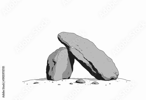 Illustration of Balanced Stone Structure Depicting Natural Rock Formation with Two Large Rocks Angled to Form an Artistic Minimalist Garden Sculpture