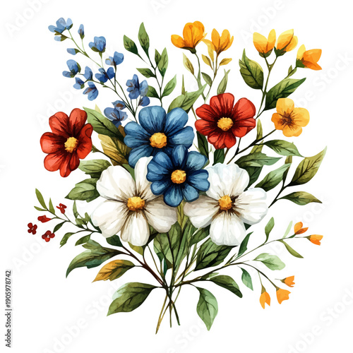 watercolor vector of Spring Flowers Bouquet, isolated on a white background.