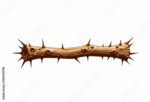Illustration of a thorn-covered stick highlighting its sharp, spiky textures and intricate wood details against a clean, white background