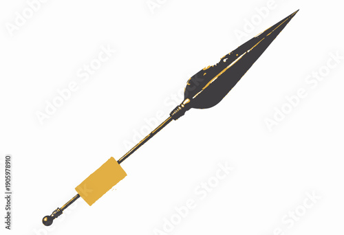 Detailed Illustration of an Ancient Spear with a Long Metallic Blade and Decorative Elements on a Wooden Shaft