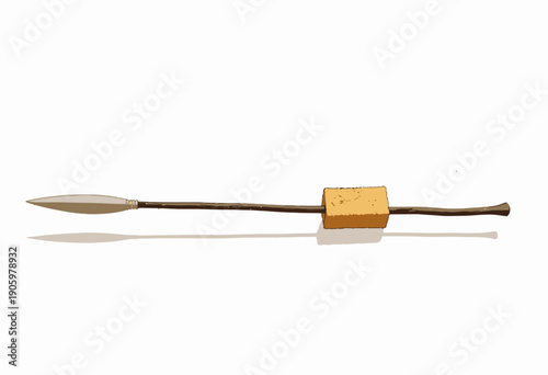 Illustration of a Traditional Hunting Spear with Wooden Shaft and Metal Tip Featuring a Rectangular Leather Grip