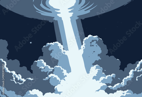 A Mysterious Beam of Light Pierces the Night Sky Through Thick Clouds, Suggesting a Supernatural or Extraterrestrial Phenomenon in a Starry Atmosphere