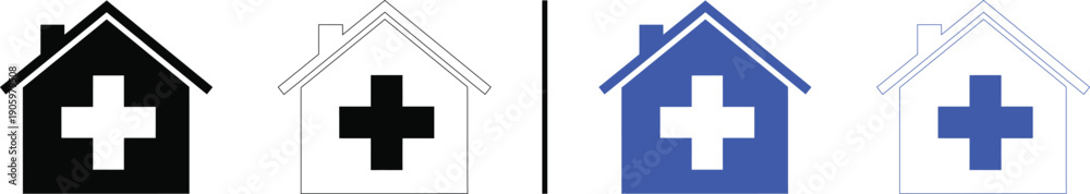Obraz premium healthcare home icon isolated on white background, black and blue vector illustration of house with medical cross for home care, nursing, and first aid services.