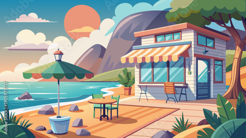 Cartoon vector of a peaceful cafe on the coastline with empty space calm waves and soft pastel flat style