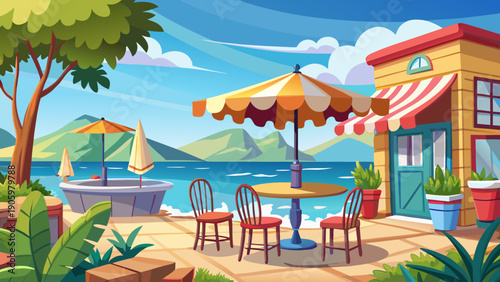 Cartoon vector illustration of an open air cafe beside the sea with few chairs clear sky soft breeze feeling and flat clean design