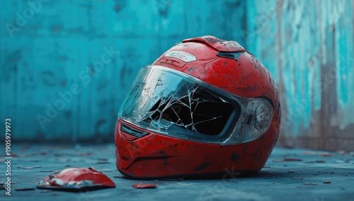 Red motorcycle helmet with a cracked visor, broken on the ground, against a backdrop of blue walls in an urban setting.