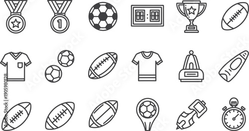 Black and white sports icons set isolated on transparent background