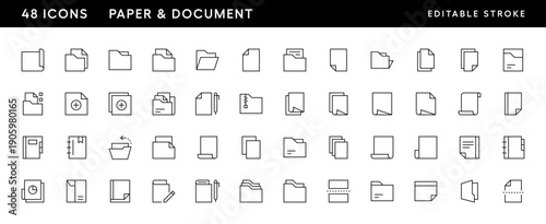 Icons. Paper and document icon collection. File, folder, page, paperwork, blank, sheet, attachment, clipboard and more. Editable stroke. Pixel Perfect. Grid base 32 x 32.