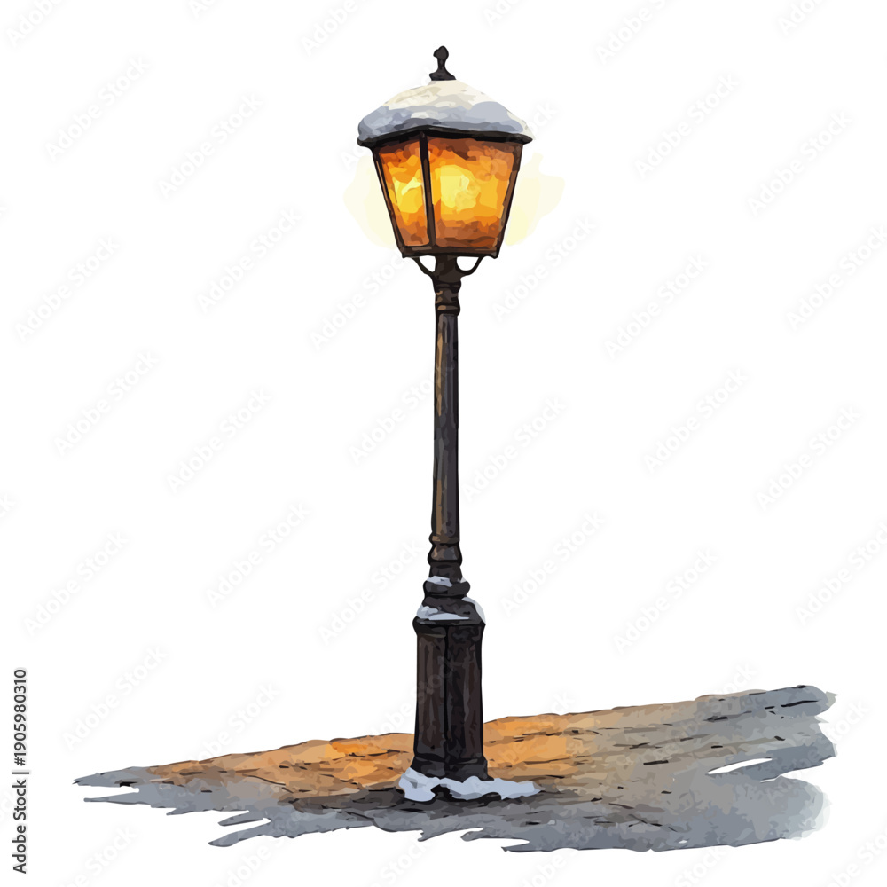 Obraz premium Snow-covered Street Lamp, watercolor drawing vector, isolated on a white background.