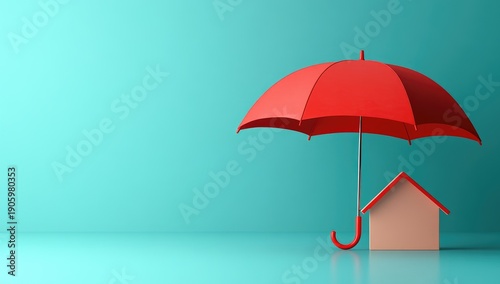 Red umbrella and house model on a blue background, concept of home protection or building insurance.
