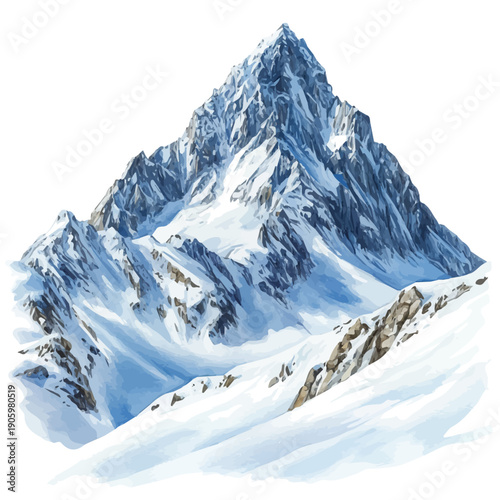 Snow-covered Mountain, watercolor drawing vector, isolated on a white background.