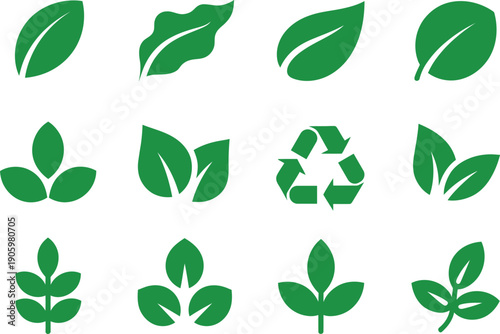 Collection of green ecofriendly leaf icons and recycling symbol isolated on transparent background