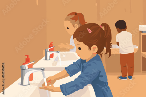 Young girl diligently washing her hands at a bathroom sink with soap.