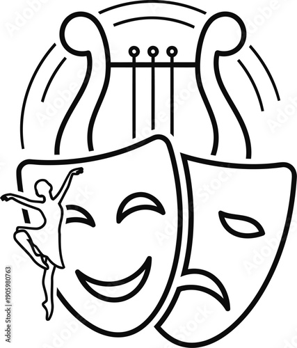 Comical depiction of theater masks with a smiling face in the middle