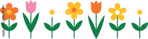 Collection of stylized colorful cartoon flowers with green leaves and stems on a transparent background