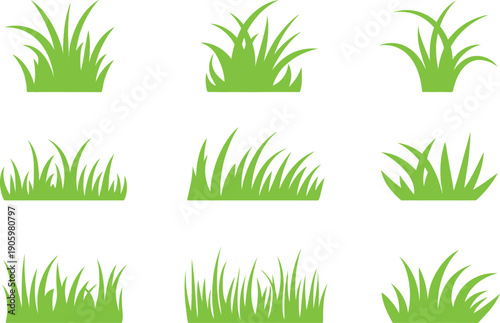 Collection of green stylized grass clump icons isolated on a transparent background for design elements
