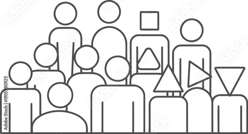 A diverse group of stylized human figures and geometric shapes gathered together.