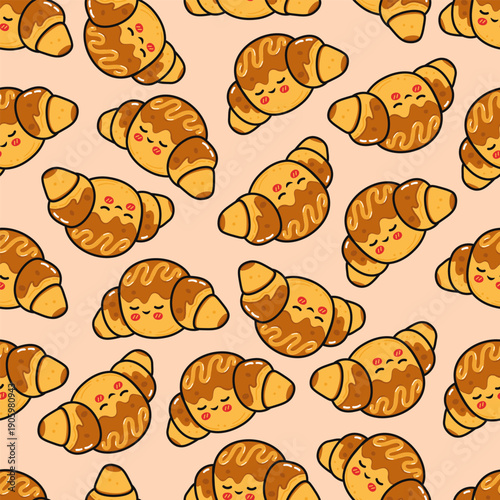 Cute cartoon croissant characters seamless pattern