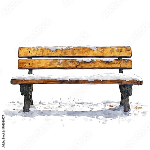 Snow-covered Bench Park, watercolor drawing vector, isolated on a white background.