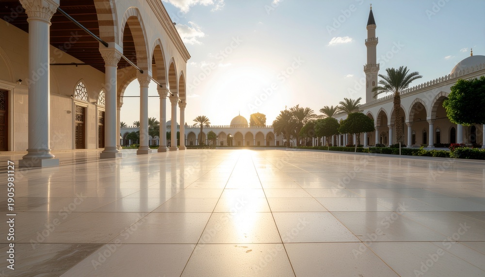 Obraz premium Empty Mosque Courtyard with Long Morning Shadows During Ramadan