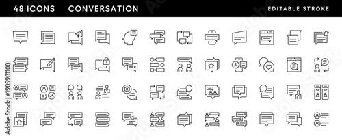 Conversation icon collection. Satisfaction, speech, dialogue, discussion, talk, message, comment and more. Editable stroke. Pixel Perfect. Grid base 32 x 32.