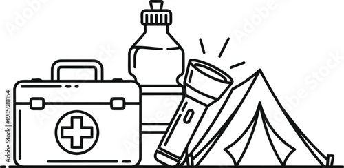 Illustration of camping essentials including a first aid kit and travel items