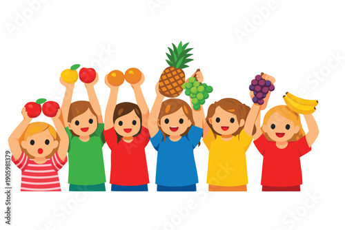 Group of happy children standing together holding fresh organic fruits.