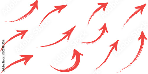 Arrow crayon brush doodle chalk red line stroke. Sketch pencil texture line scribble red arrow icon. Hand drawn grunge crayon brush sketch direction element set. Vector illustration