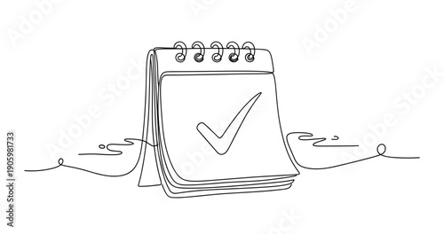 Continuous line drawing of calendar with checkmark on white background. None editable stroke
