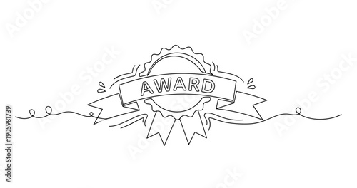 Black and white award ribbon drawing with decorative elements. None editable stroke