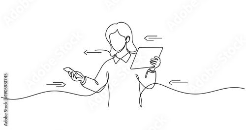 Continuous line art of female using smartphone and tablet. None editable stroke