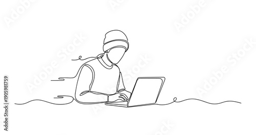 Continuous line drawing of person using laptop with beanie and sweater. None editable stroke